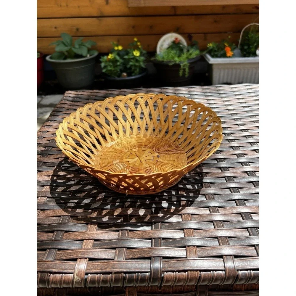 Vintage Boho Woven Wicker Bread Basket Round Open Weave Rattan 9